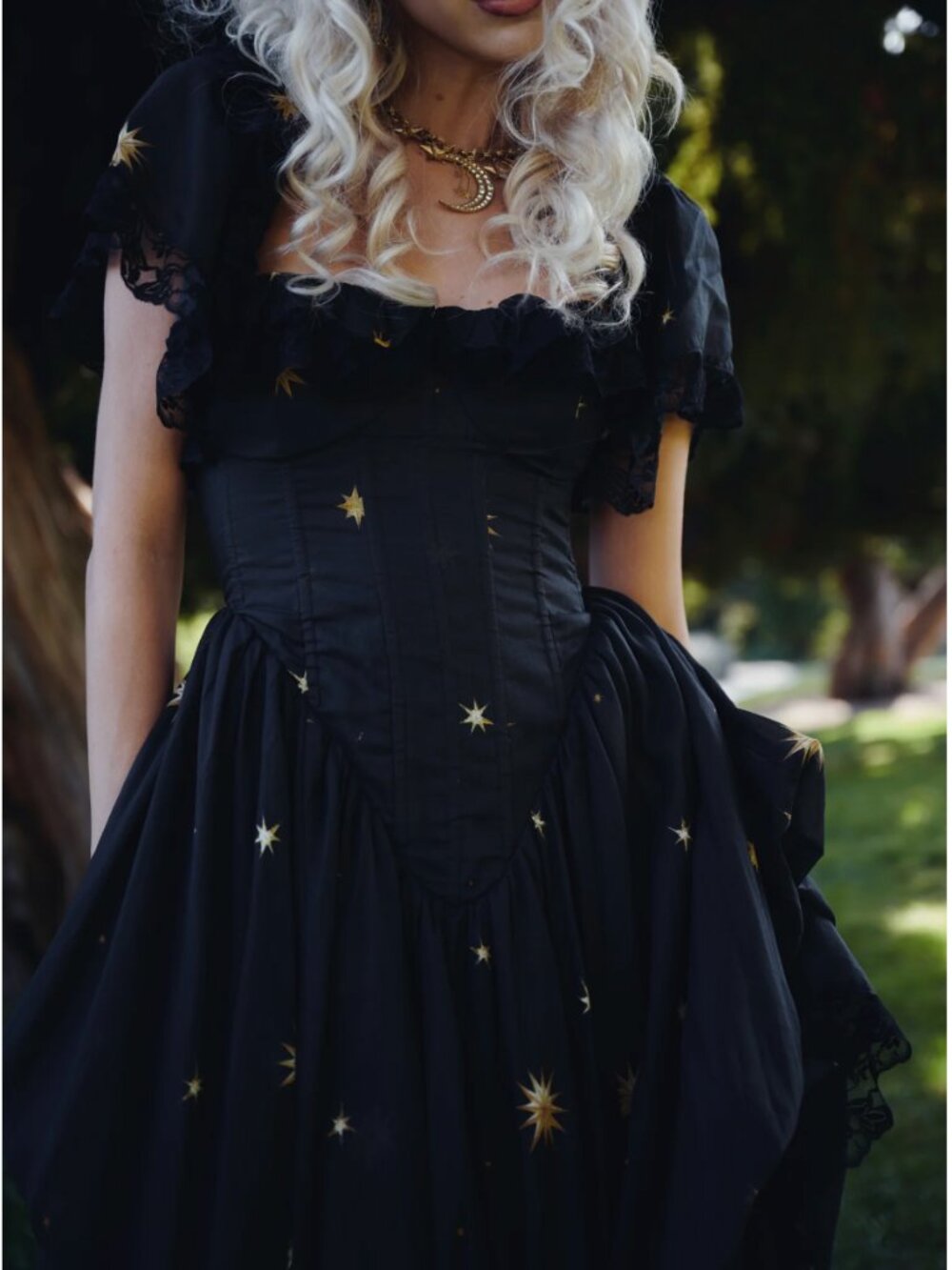 Selkie Saint Cupid Midi Dress Black Gold Star Small - Picture 5 of 12